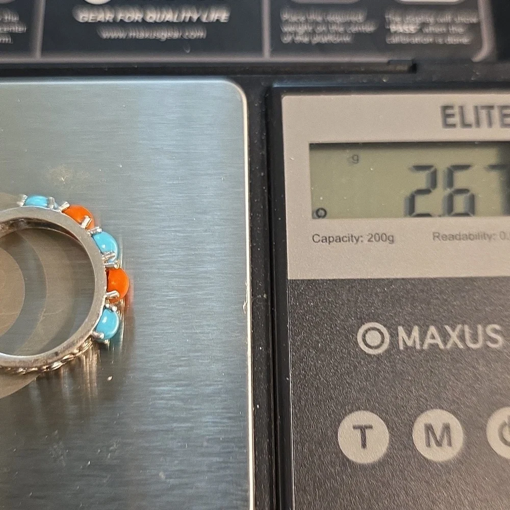 NATIVE AMERICAN  NAVAJO TURQUOISE AND CORAL RING SIZE 8 SIGNED TJ 2.67 GR